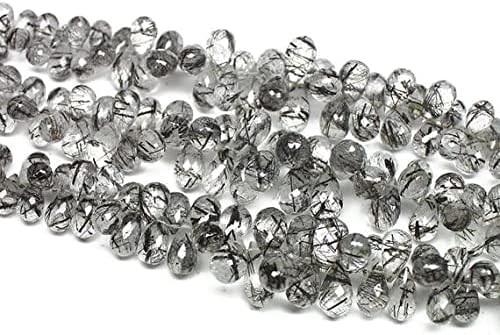 Natural Black Rutile Quartz Smooth Tear Drop Briolette Gemstone Loose Beads Strand 8