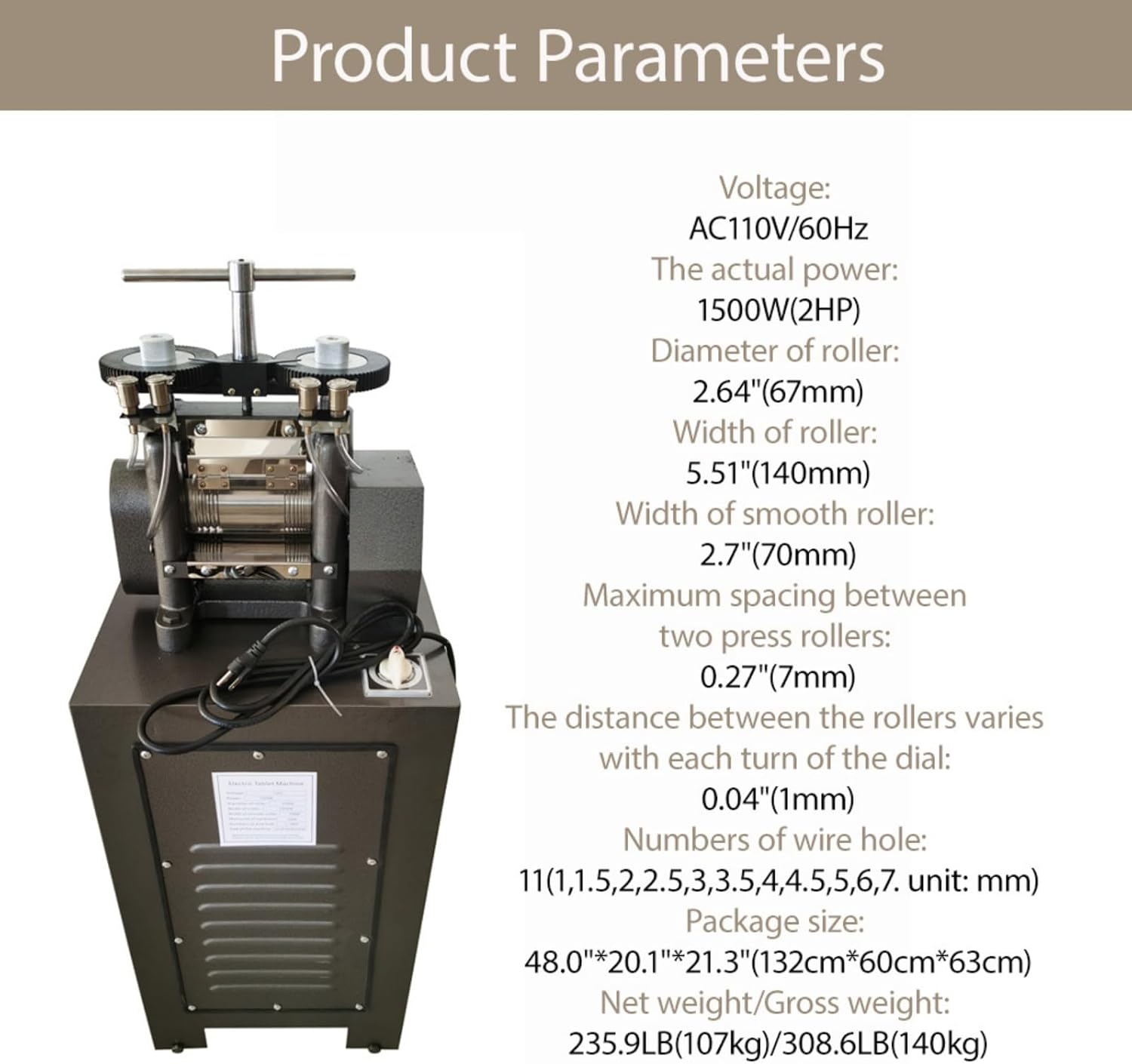 BEILOCKERY 110V Electric Vertical Jewelry Rolling Mill Machine 1500W DIY Jewelry Making Flake Pressing Machine Metal Wire/Flat Sheet Presser for Gold Silver Platinum Copper