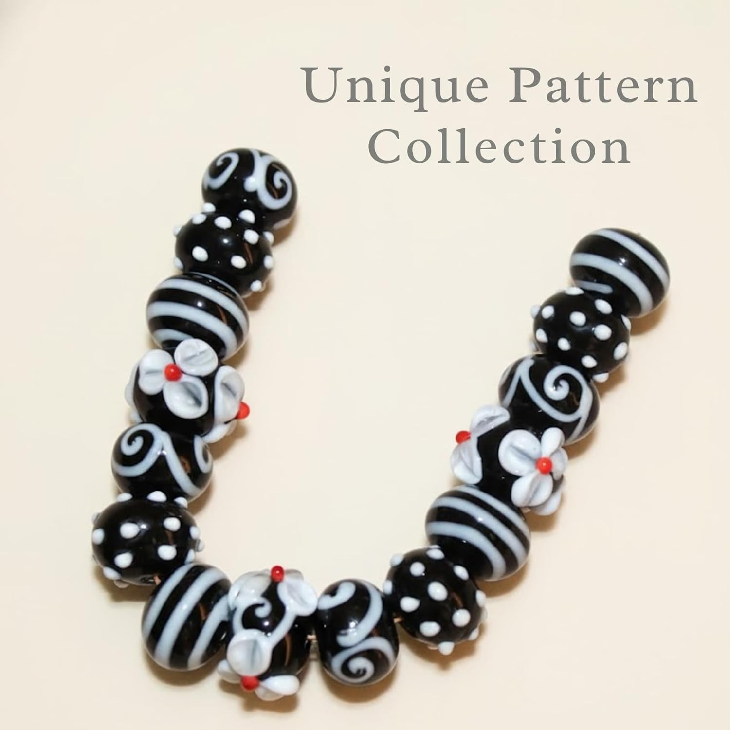 Handcrafted Black & White Lampwork Glass Beads | Floral, Dots & Stripe Pattern Beads | Available in 10 Strands | Artistic Assorted for Jewelry Making & DIY Crafts.
