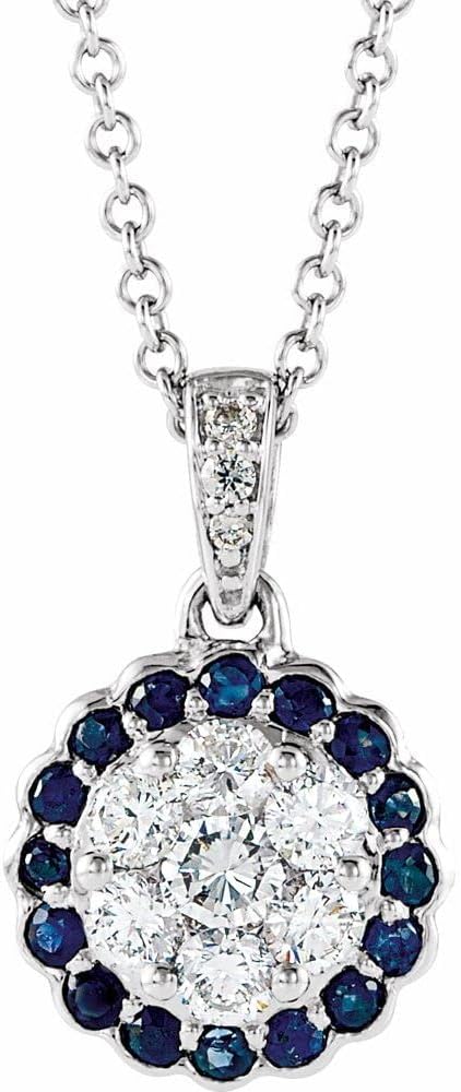 14k White Gold Blue Sapphire & 1/3 Ct Diamond Halo Cluster Pendant 18