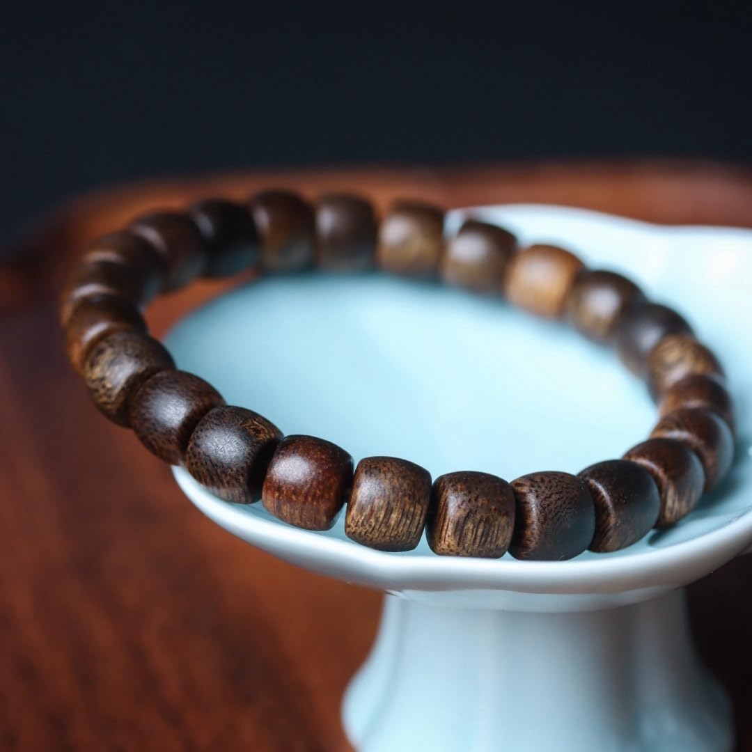 Hainan Yingge Green Aquilaria Agallocha Agarwood 9mm Barrel Beads Single Strand Full Grain, Dense Fragrance, Sweet and Cool Sink-Grade