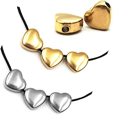 50pcs Stainless Steel Heart-Shaped Beads Bracelet Beaded Straight Hole Loose Beads DIY Necklace Jewelry Accessorys - (Color: Gold)