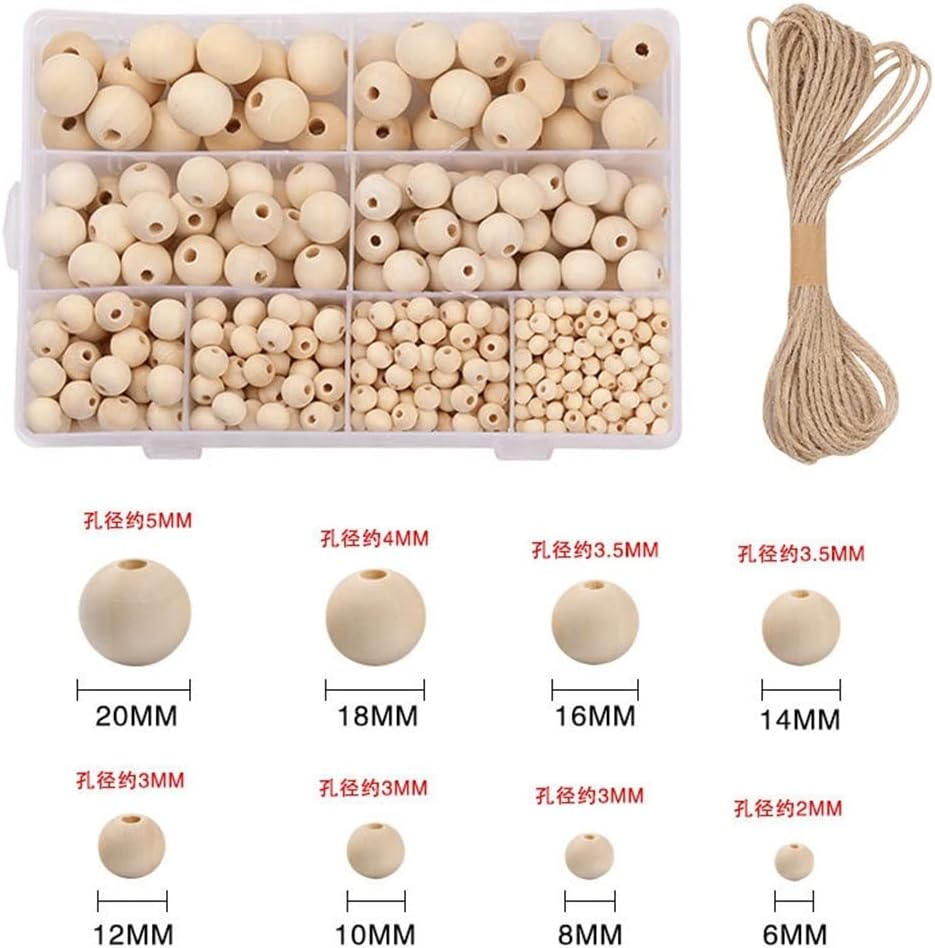 660 Pcs 8 Sizes Wooden Beads for Crafts with 10M Jute Twine Unfinished Wood Beads for Jewelry Making DIY Crafting (Color : A Size : One Size)