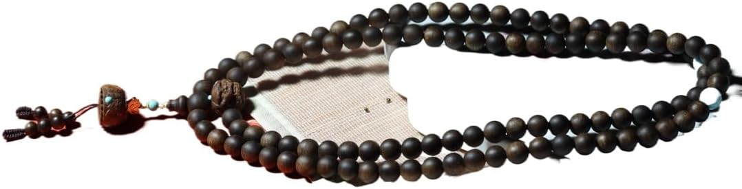 Brunei Agarwood 8mm Prayer Beads with Embedded Green Turquoise and South Red Lotus Pods, Honey-Sweet Aroma, 90% Aged