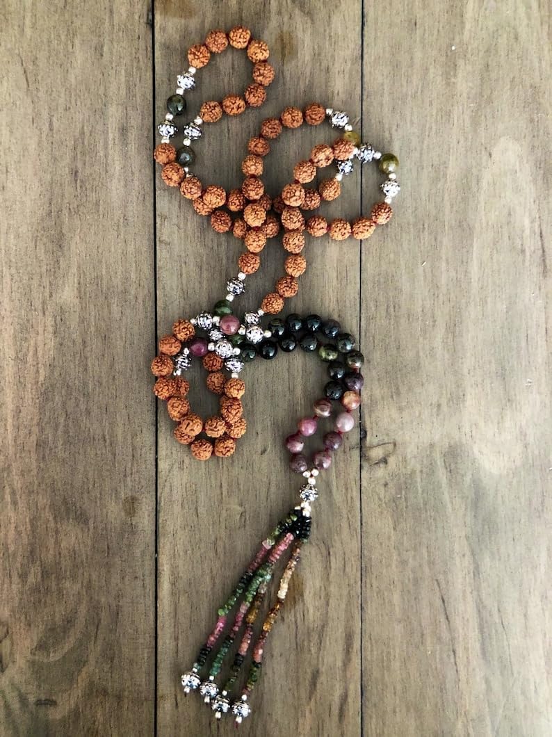 Natural Rudraksha and Tourmaline 8mm 108 Mala Beads, Spiritual, Meditation Beads, Reiki, Japa Mala, Buddhist Prayer Beads, Yoga Bracelet, healing beads LKMALA-RRGU-3558