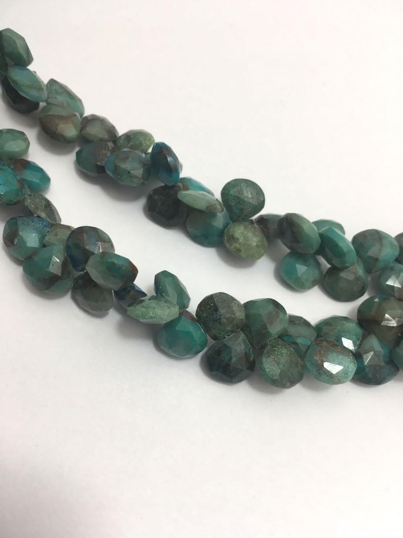 8 inch Strand of Natural Chrysocolla 9-10 mm Heart Faceted briolette Beads for DIY Jewelry Making. |BRIO_02230