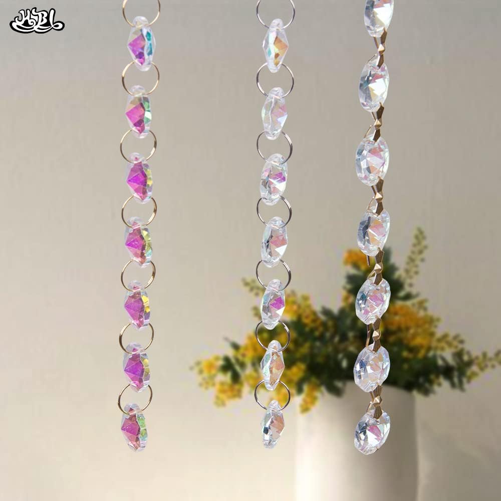 Charm AB 14mm Glass Crystal Beads Lamp Chain Garland Chandelier Prism Octagon Beads Chain Craft Jewelry Home Decoration - (Color: Gold Pin/Size: 100m)