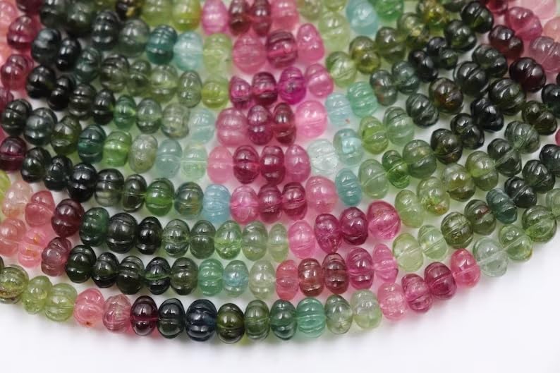 Tourmaline Smooth Carving Melon Shape Beads, 7-12mm AAA+ Quality Multi Tourmaline Melon Carved Beads for Making Jwelery