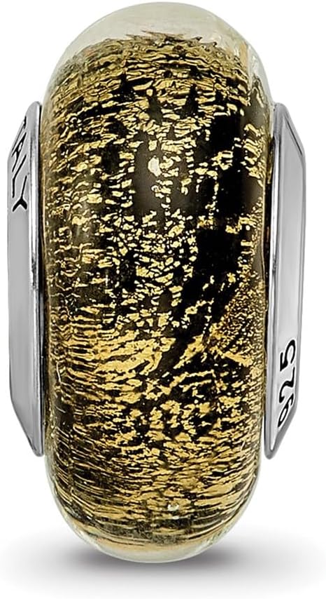 Solid 925 Sterling Silver Reflections Black/Gold-Tone Italian Murano Glass Bead (7.3mm x 13.6mm)