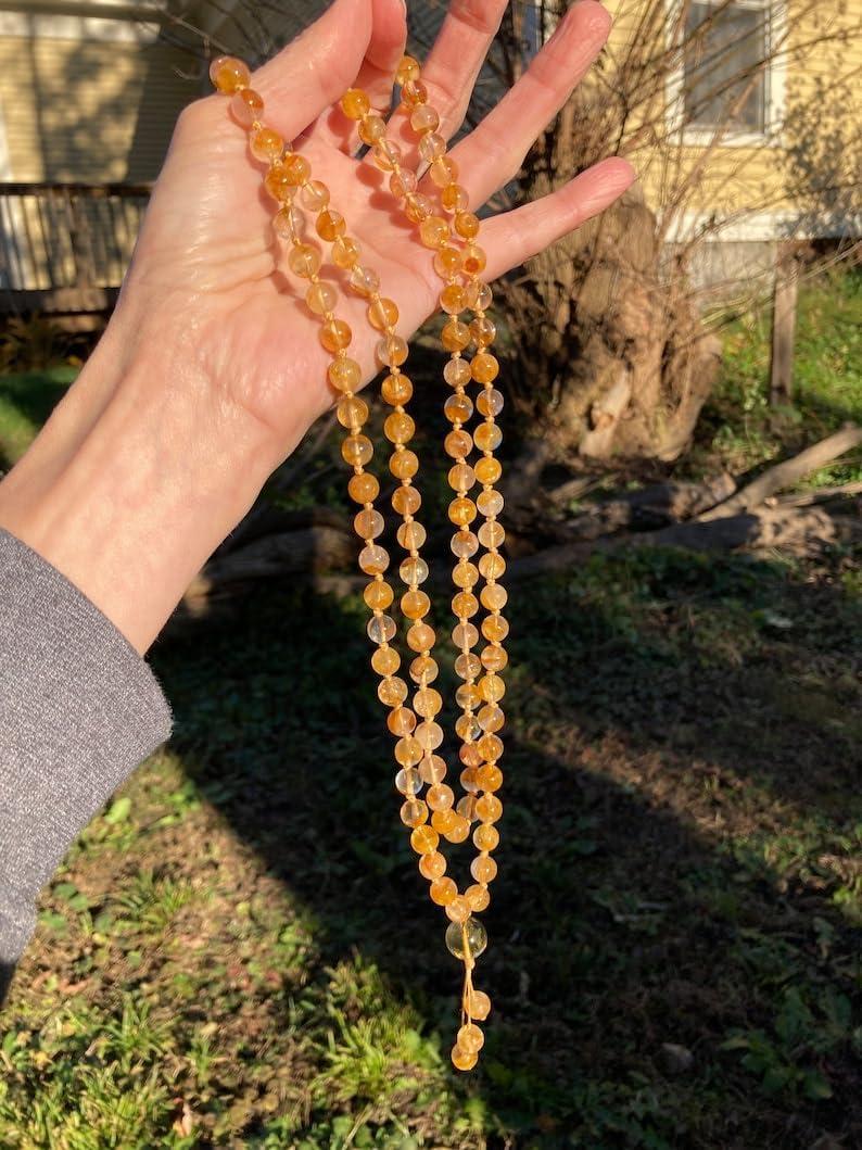 Natural Golden Healer Quartz 8mm 108 Mala Beads, Spiritual, Meditation Beads, Reiki, Japa Mala, Buddhist Prayer Beads, Yoga Bracelet, healing beads LKMALA-RRGU-2987, 34 inch, yellow