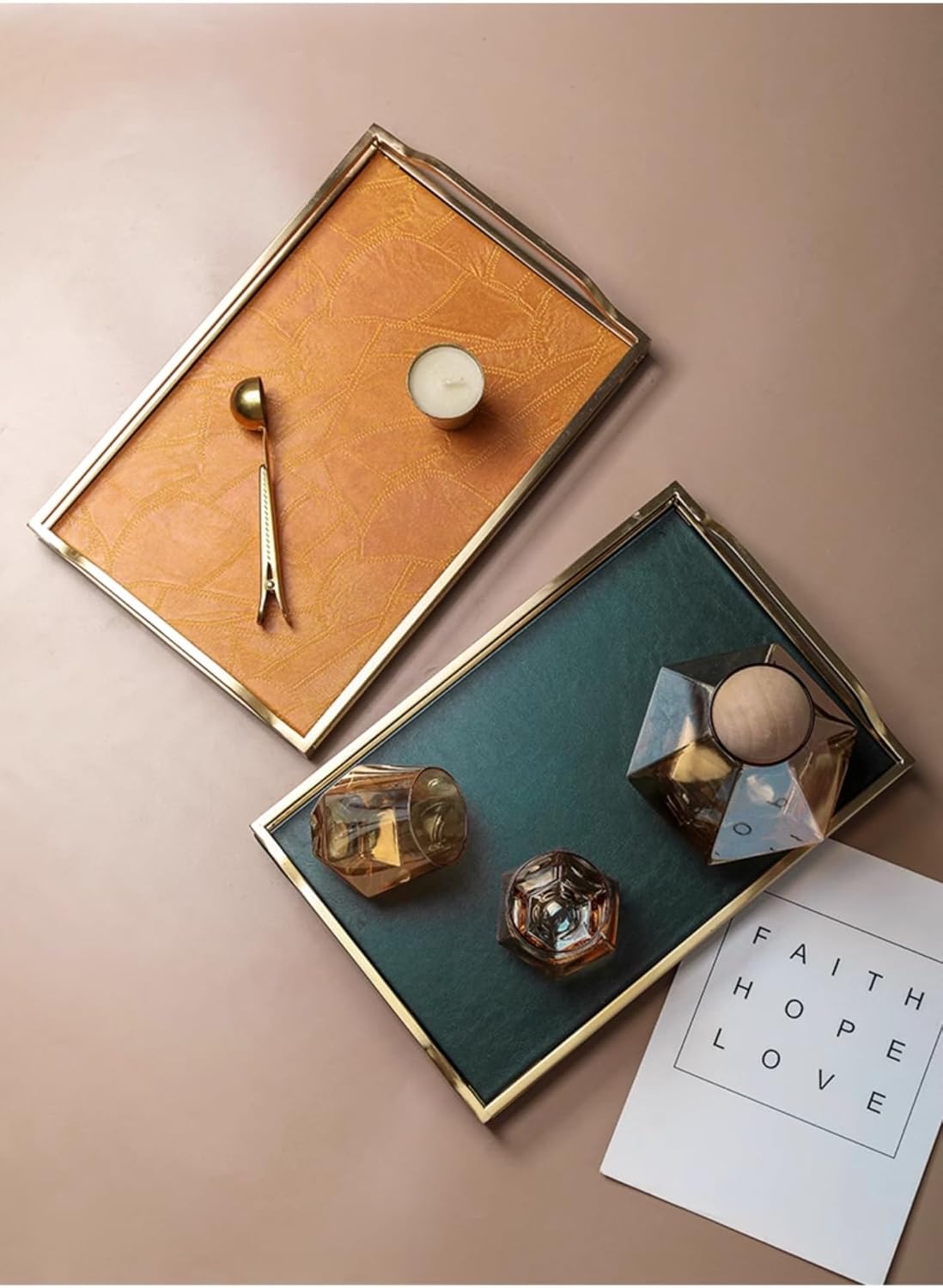 Tray Light Luxury Gold Handle Tray Household Leather Metal Tea Tray Creative Tea Set Storage Tray Dining Tray Serving Trays(A)