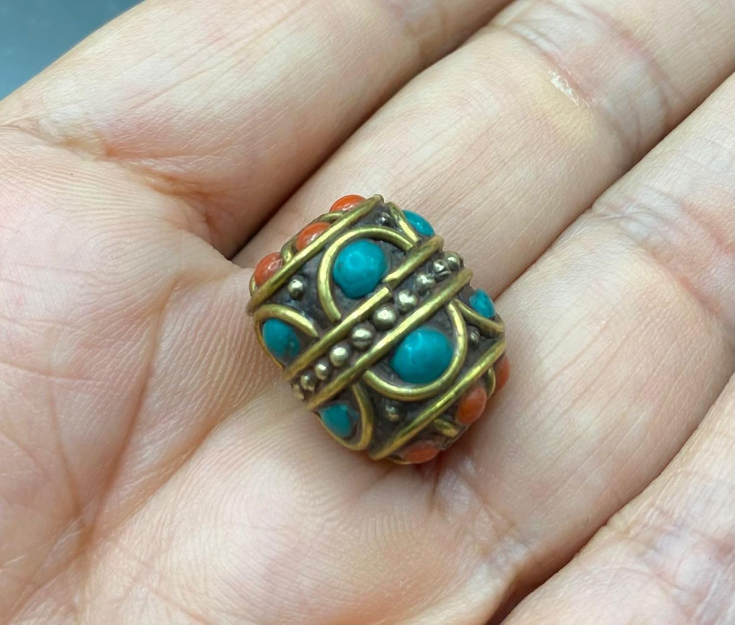 Old Antique Nepal Tibetan Handmade Brass Bead 19x15mm 7g | Turquoise & Coral Inlay Barrel Bead | Ethnic Boho Jewelry Supply | for Pendant Bracelet Necklace Making (50)