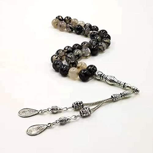 Muslim Men's Bracelet Natural Agate Tasbih Gift Islamic Rosary Misbaha Selected Rosary 33 66 99 Black Transparent Agate Bracelet (Length : 12mm, Metal Color : 99 Beads)