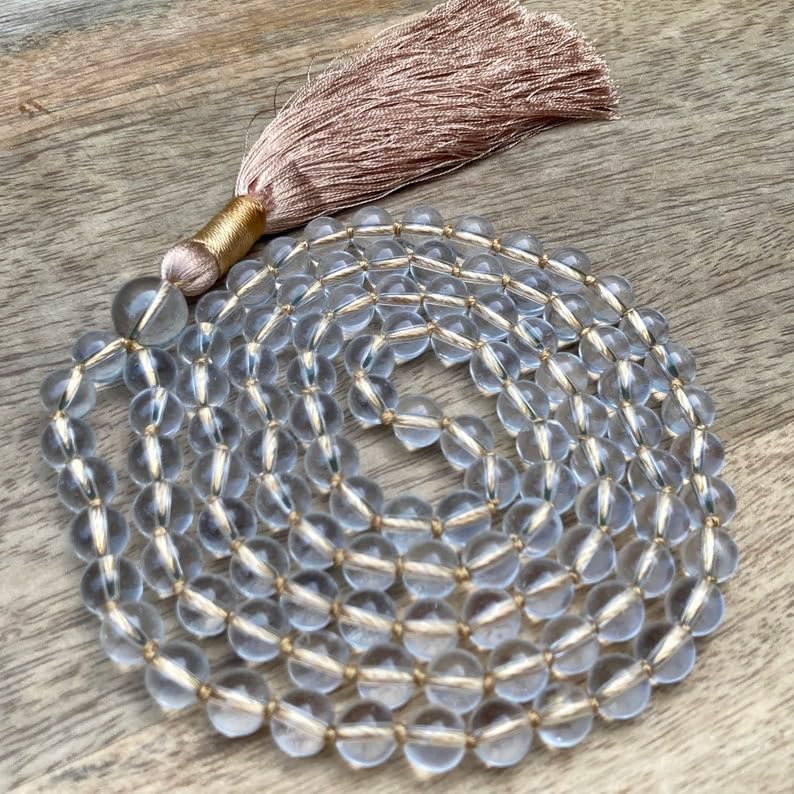 Natural Clear Quartz 8mm 108 Mala Beads, Spiritual, Meditation Beads, Reiki, Japa Mala, Buddhist Prayer Beads, Yoga Bracelet, healing beads LKMALA-RRGU-583