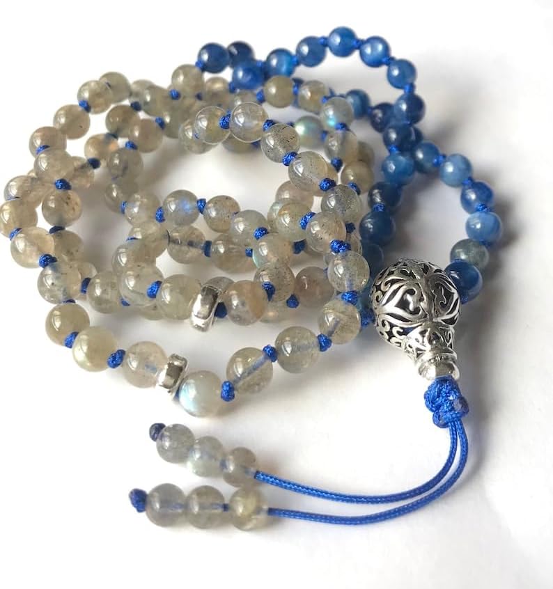 Natural Kyanite ,Labradorite 6mm-10mm 108 Mala Beads, Spiritual, Meditation Beads, Reiki, Japa Mala, Buddhist Prayer Beads, Yoga Bracelet, healing beads LKMALA-RRGU-1032