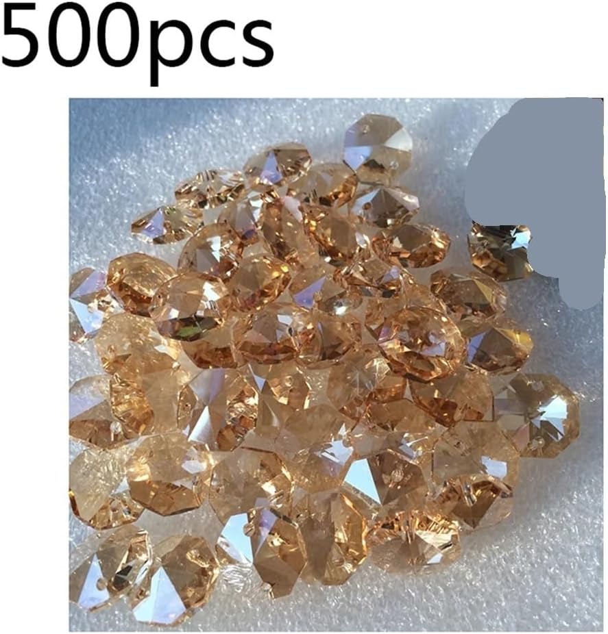 Hanging Crystals Prisms 500pcs 14mm Champange Crystal Octagon Beads in 2 Holes for Accessories Chandelier Parts Hangings Crystals for Decoration