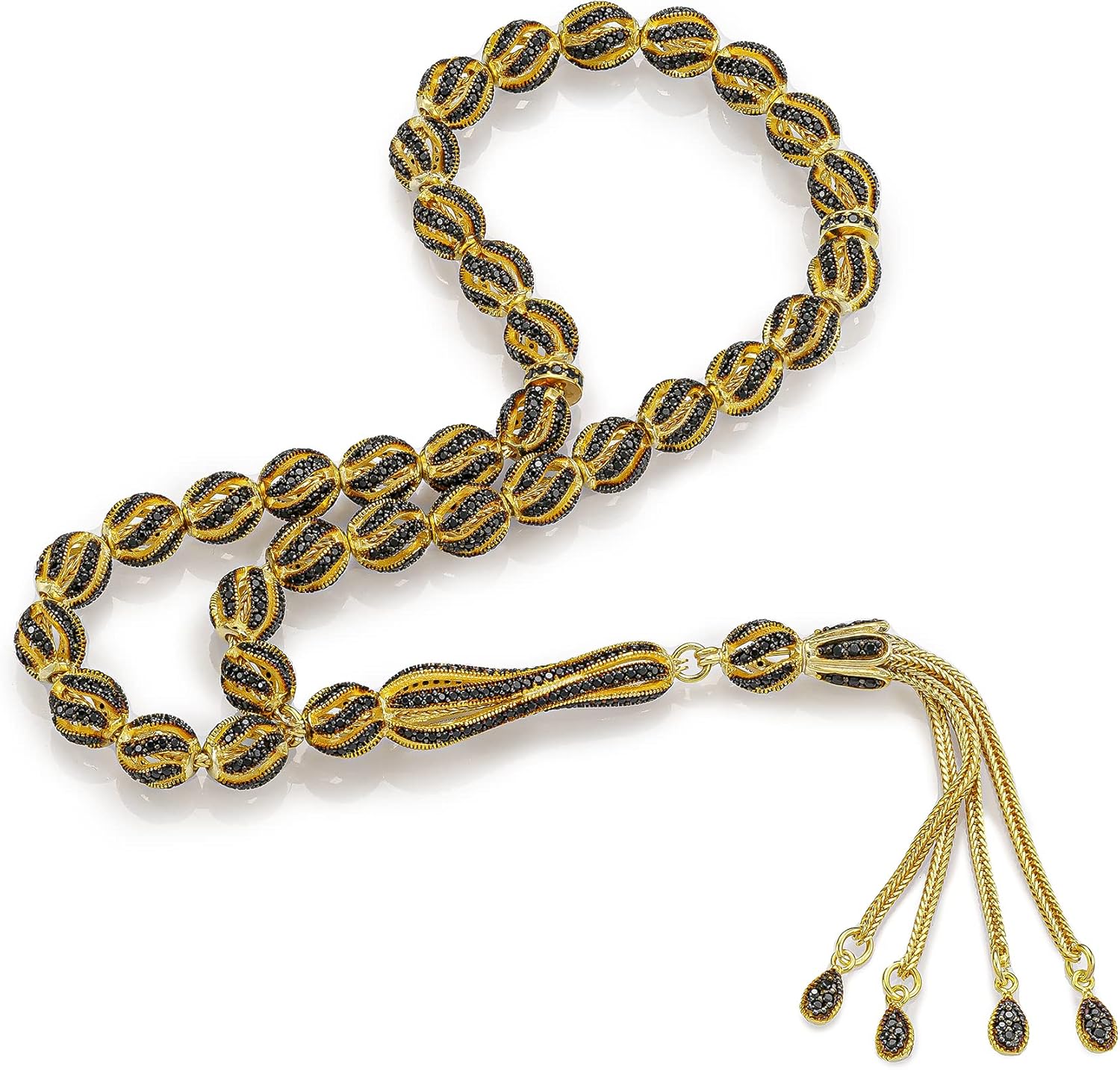 925 Sterling Silver Gold Plated Onyx Islamic Prayer Beads Rosary Tasbeeh Misbaha