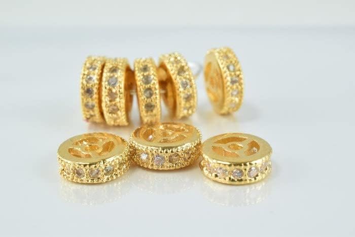 Beaded Jewelry 9mm Roundel 14k Gold Filled EP Micro Pave Beads Clear CZ Cubic Zirconia,14K Gold Filled Spacer Finding,