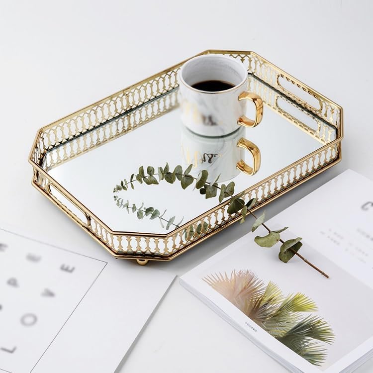 Cafeteria Tray Mirror Glass Tea Tray Gold Storage Tray Home Living Room Coffee Table Light Luxury Cup Storage Tray Serving Trays(E)