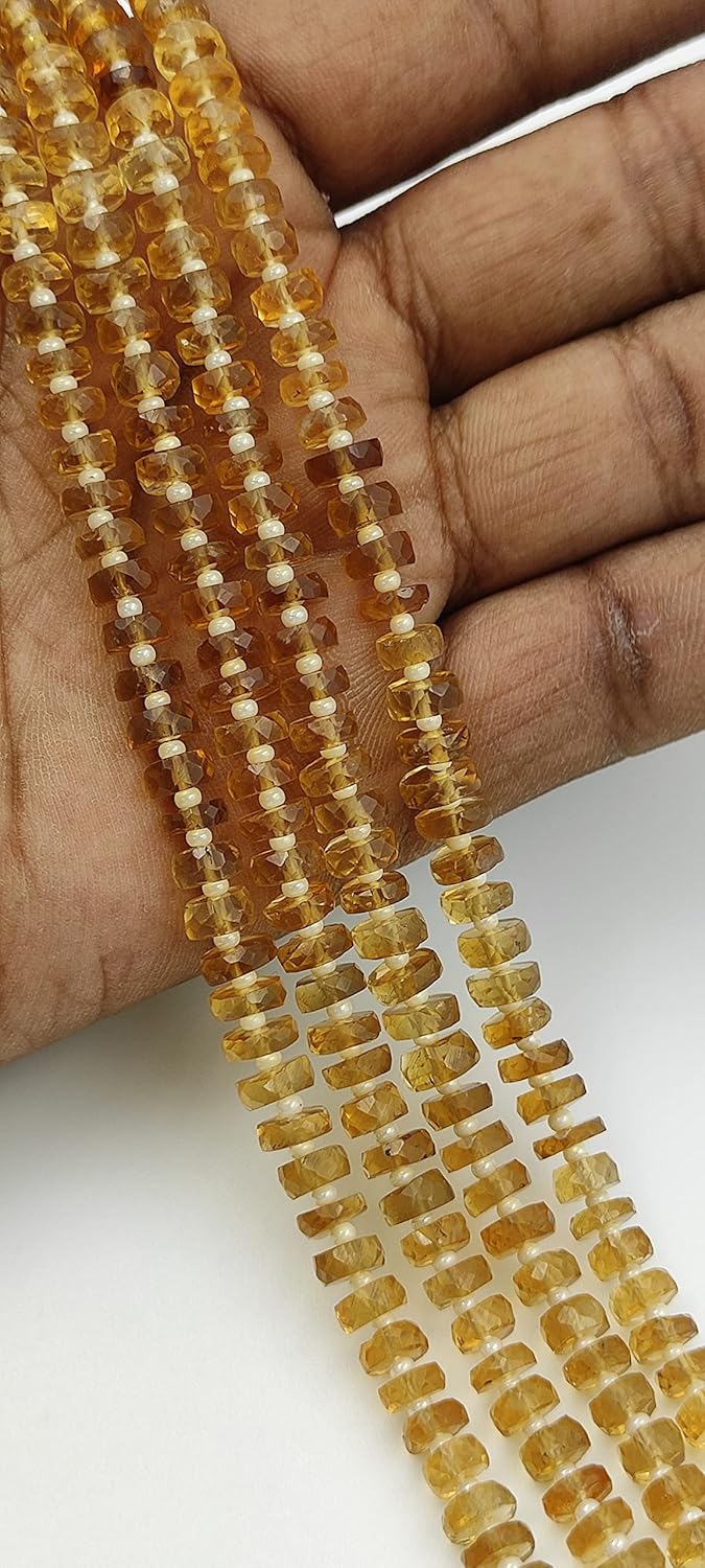 Hanumat Gems Lot of 5 Strands Natural Citrine Quartz Faceted Heishi (Tyre) Gemstone Beads,Citrine Faceted Beads,Citrine Tyre Beads,Citrine Heishi Tyre Beads,7.00-8.00 MM Beads,8 Inches Strand.