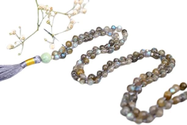 Vaibhav Jewellers A+ Natural Labradorite Mala Necklace Metal Spacer | Blue Flash, Psychic Attack Protection 108 Mala Beads | Personalized Mala Yoga Mala