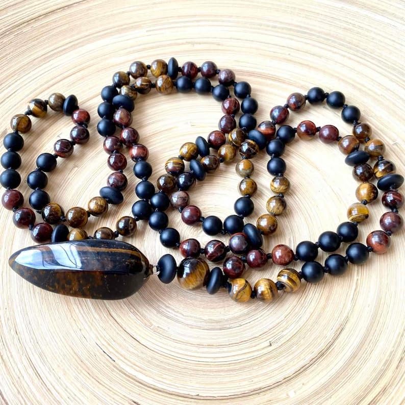 Natural Tiger's Eye & Bulls-eye,Hawkeye 8mm-14mm 108 Mala Beads, Spiritual, Meditation Beads, Reiki, Japa Mala, Buddhist Prayer Beads, Yoga Bracelet, healing beads LKMALA-RRGU-1099