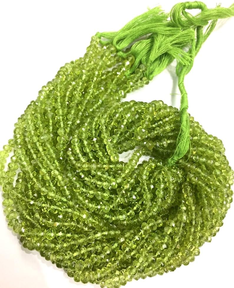13 inch Strand of Natural gem Green Peridot, 4mm rondelle Faceted Beads for DIY Jewelry Making. | Beads_04450