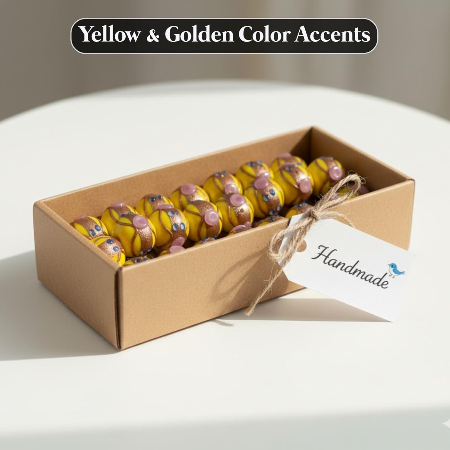 Yellow Designer Glass Beads | 16mm Murano Style Beads with Blue Dots & Pink Floral Accents | Available in 10 Strands | Ideal for Jewelry Making & DIY Projects