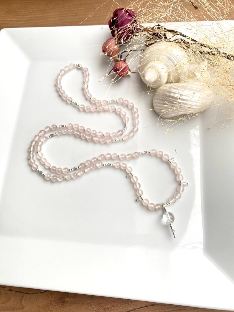 pink chalcedony Stone Mala Beads, 108 Mala Necklace, Knotted Mala, WWG Necklace, Yoga Jewelry Meditation Beads Spiritual Jewelry Boho Jewelry, 34inch, Gemstone