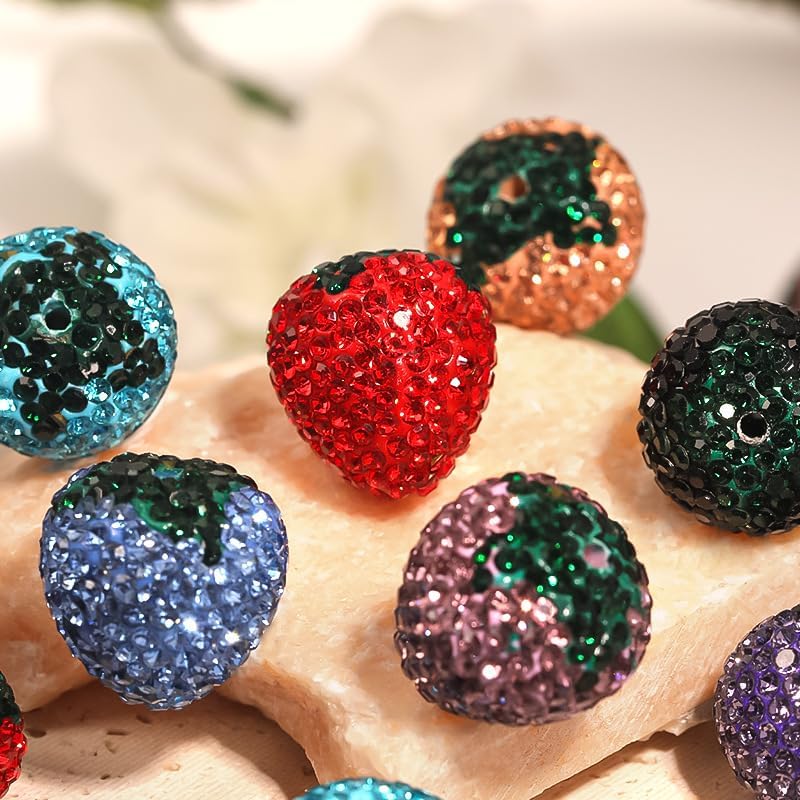 20/40/100pcs 20x21mm Polymer Clay Strawberry Disco Ball Charm Beads, Shiny Rhinestone Spacer Beads for DIY Jewelry Making, Bracelet Charms (Champagne Color, 100pcs 20x21mm)