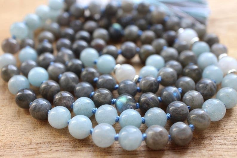 Labradorite, Aquamarine, Rainbow Moonstone Stone Mala Beads, 108 Mala Necklace, Knotted Mala, WWG Necklace, Yoga Jewelry Meditation Beads Spiritual Jewelry Boho Jewelry