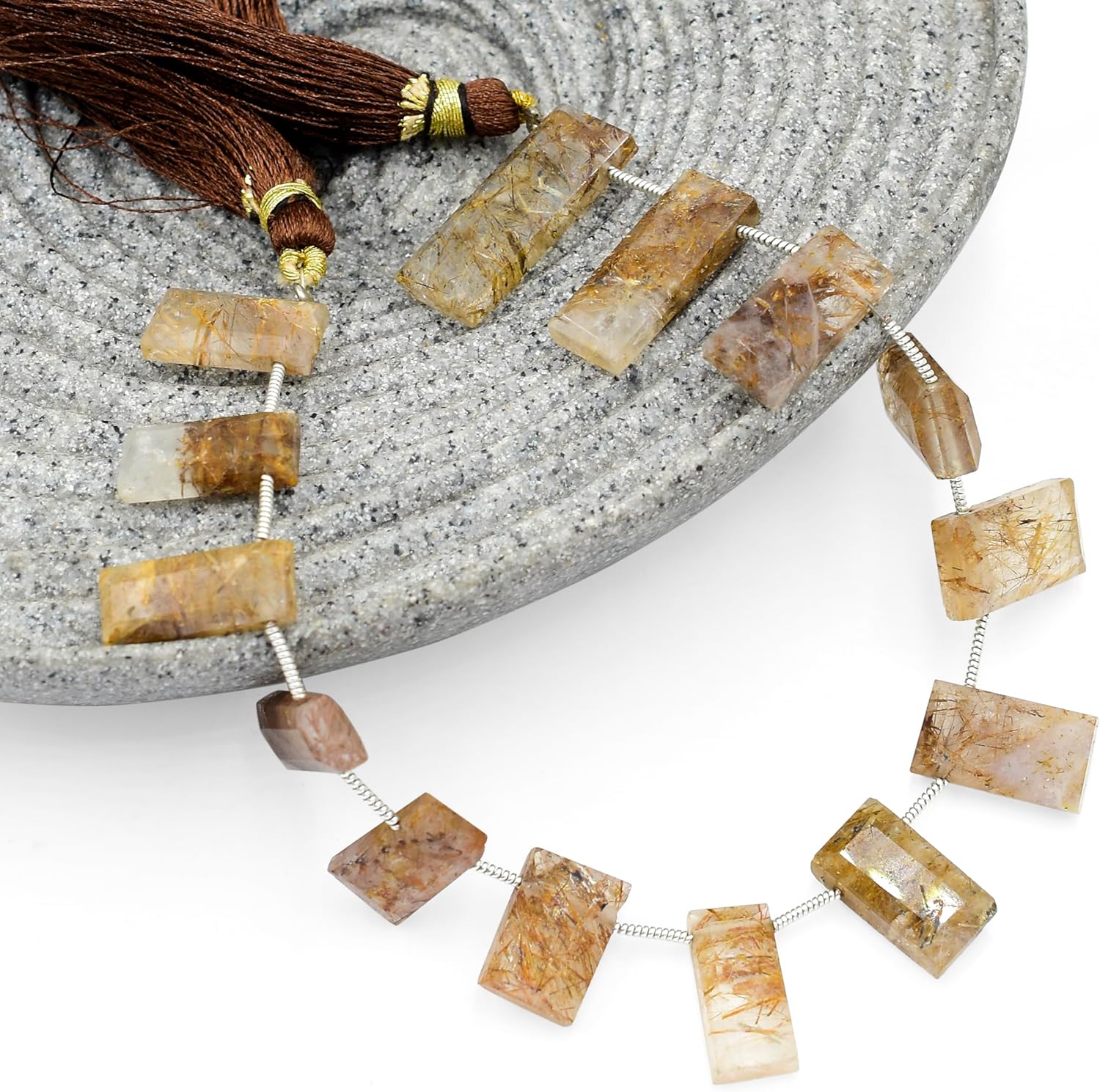 Natural Stone Copper Rutile Faceted Beads Bar Shape Loose Stone 8 Inch Strand Wholesale Making Jewelry Semi Precious Gemstone Bead Size (14X9mm to 24X10mm)