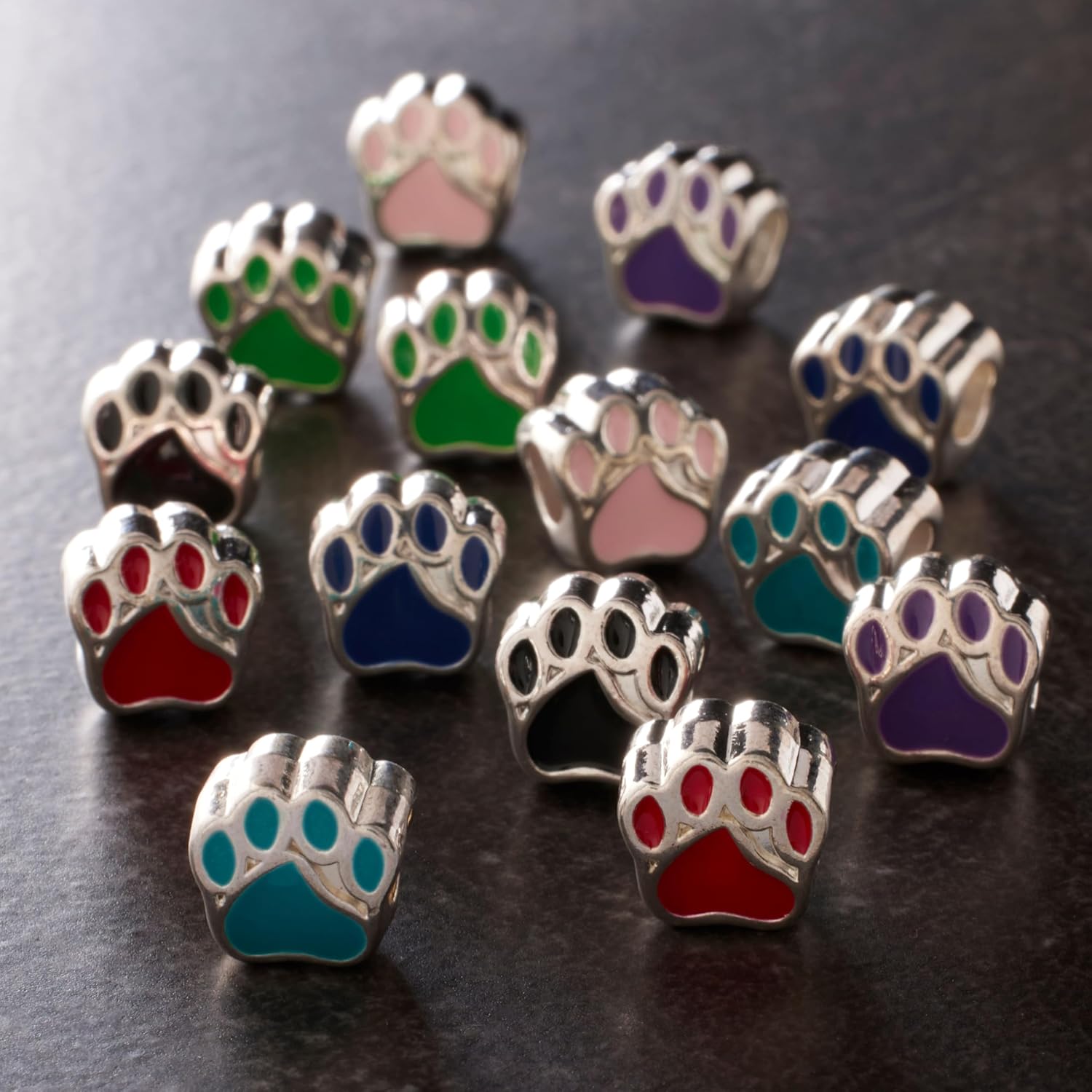 Bead Landing Colorful Enamel Paw Beads - Assorted 10mm Metal Beads for DIY Jewelry Projects, 12 Pack