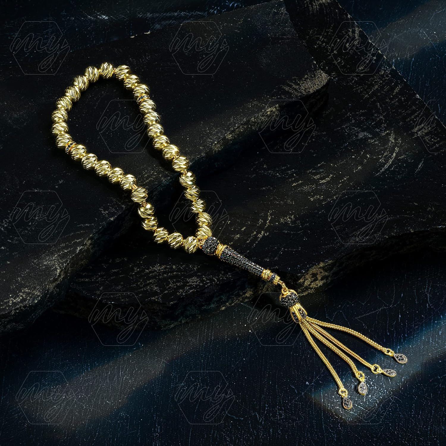 925 Sterling Silver Gold Plated Onyx Islamic Prayer Beads Rosary Tasbeeh Misbaha