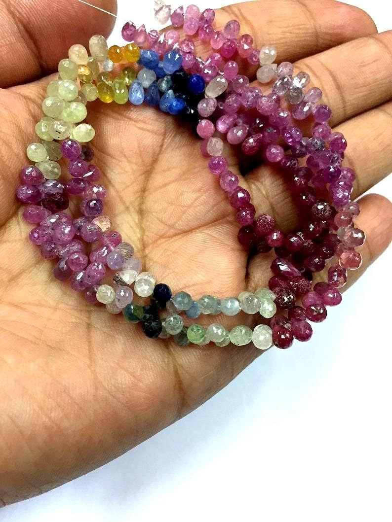 Natural Multi Color Sapphire Teardrop facated Beads 4 MM 19 inch Long String Jewelry Making Gemstone Beads for Necklace Bracelet