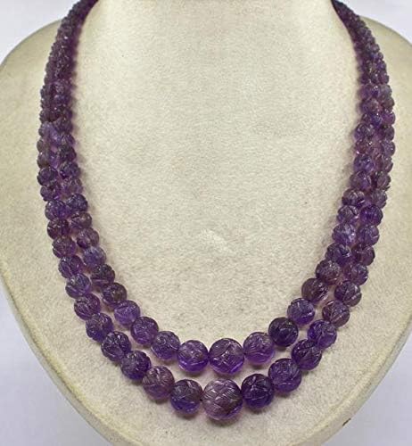 LKBEADS 2 Line Natural Amethyst Carved Round Beads Necklace 18 INCHES 14 MM to 6 MM Code-HIGH-46404