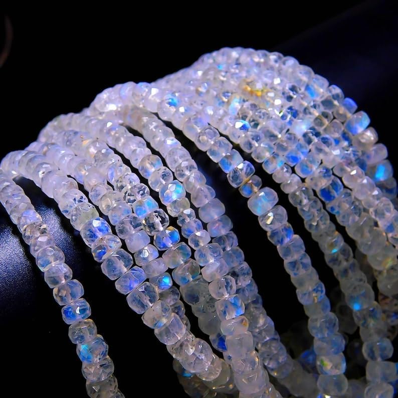 SPARKLE GEMS & JEWELS Faceted Rainbow Moonstone Rondelle Beads 3–5 mm, 12 Inch Strand, Blue Fire Moonstone for Jewelry Making, Handmade Necklace Bracelet Earrings, Natural Gemstone Beads (10 Strand)