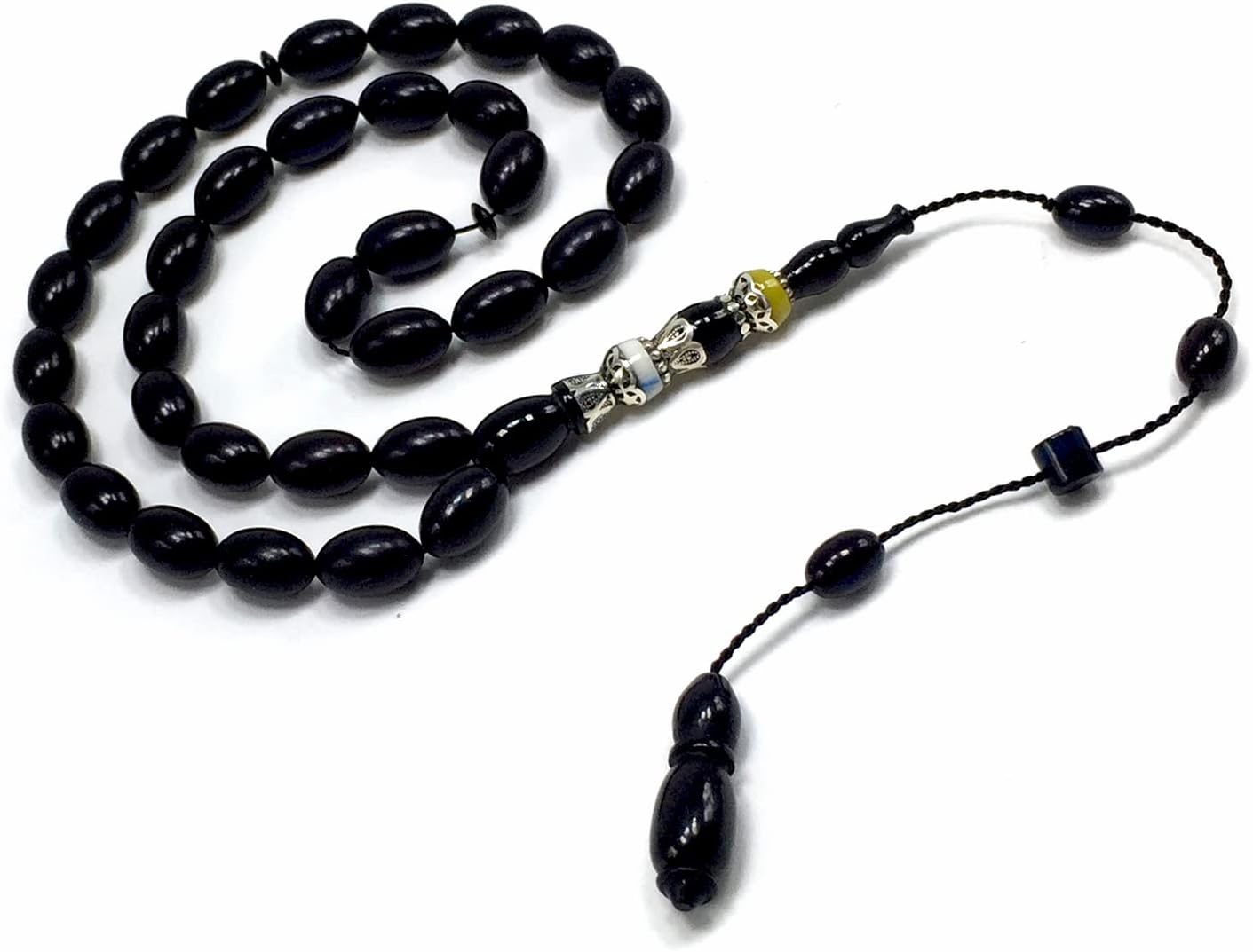 EXCLUSIVE COLLECTION -Handmade Silver Engraved Bakelite Tesbih, Tasbih, Islamic Rosary, Islamic Prayer Beads, Misbaha (7x11 mm 33 Black Rice Beads)