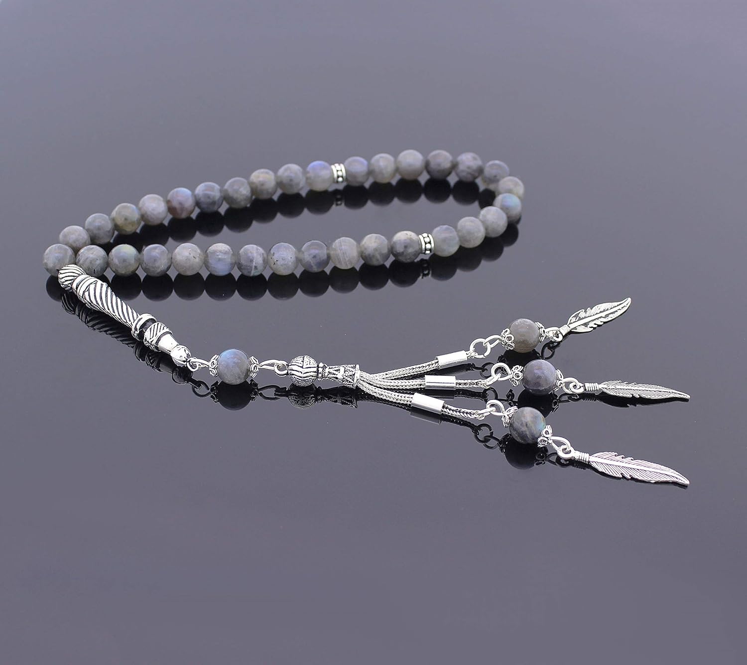 925 Sterling Silver Tassel Labradorite Islamic 33 Prayer Beads Tasbeeh Misbaha