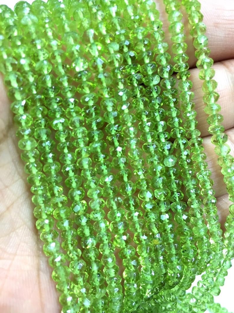 13 inch Strand of Natural gem Green Peridot, 4mm rondelle Faceted Beads for DIY Jewelry Making. | Beads_04450