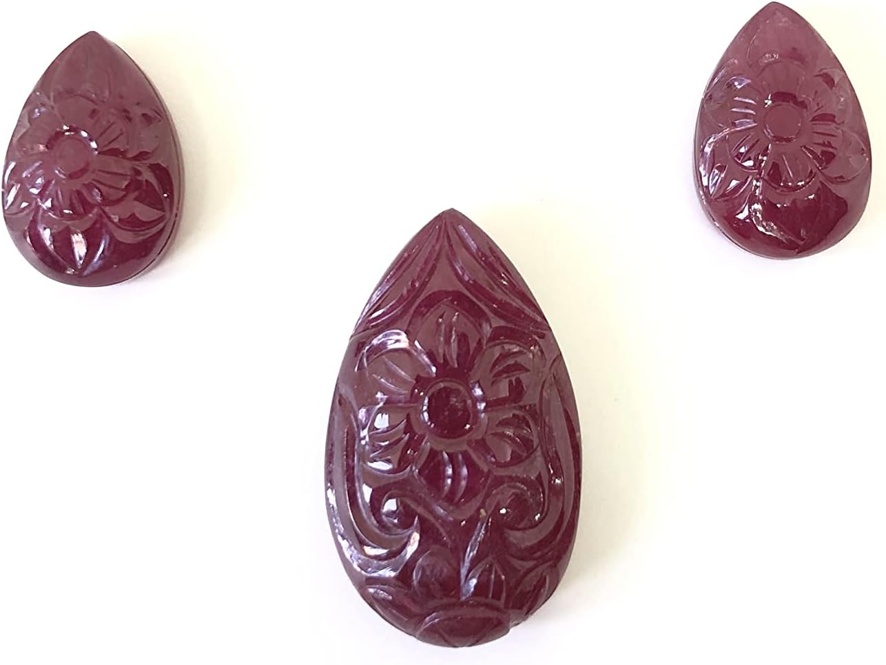 96.38 Ct Ruby Hand Carved Pear Shape Layout Wholesale 3 Pieces Lot Loose Gemstone Carved Flower Design Layout For Making Jewelry Designs