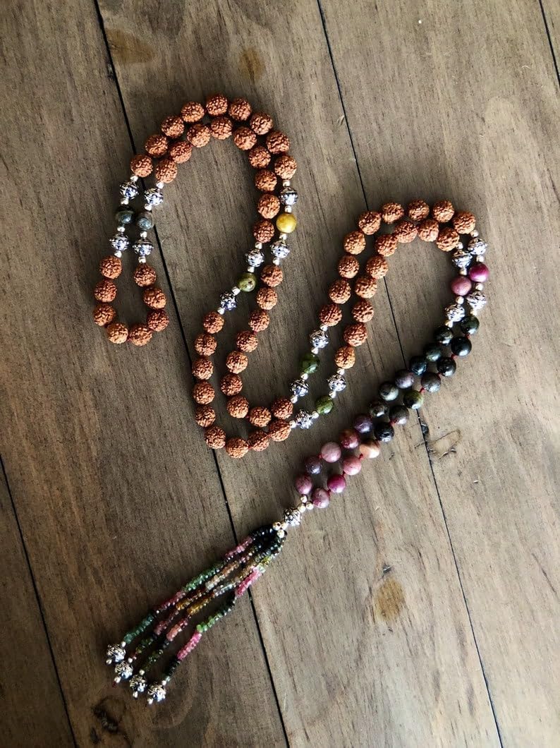 Natural Rudraksha and Tourmaline 8mm 108 Mala Beads, Spiritual, Meditation Beads, Reiki, Japa Mala, Buddhist Prayer Beads, Yoga Bracelet, healing beads LKMALA-RRGU-3558