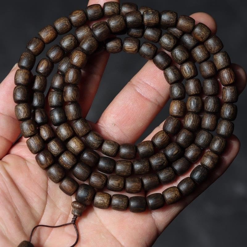 Hainan Soft-Fiber Black Agarwood 8mm*108 Beads Barrel-Shaped Old Wood Dominant Aroma with Bold, Outward-Projecting Scent Distinctive Grain Pattern