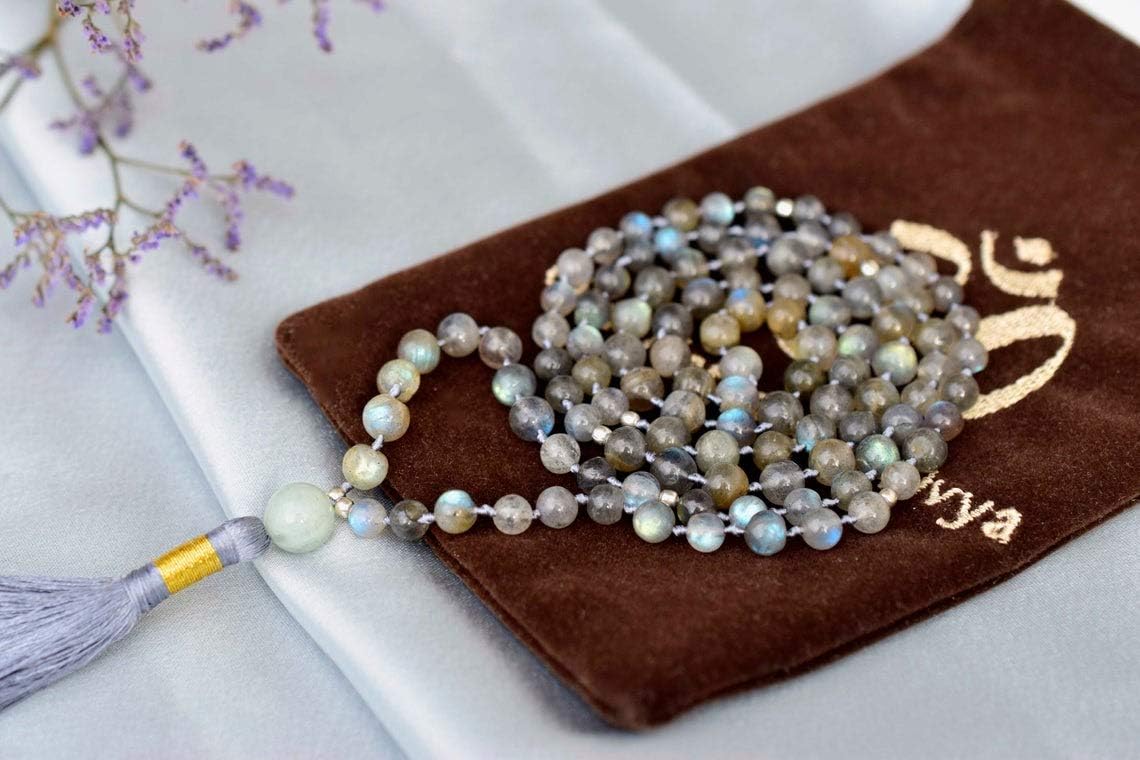 Vaibhav Jewellers A+ Natural Labradorite Mala Necklace Metal Spacer | Blue Flash, Psychic Attack Protection 108 Mala Beads | Personalized Mala Yoga Mala