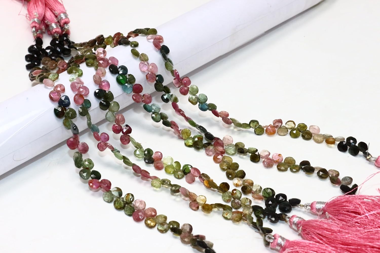 Natural Multi-Colored Tourmaline Heart Shaped Faceted Beads, Pink Green Black, 5-6mm Size, 8 Inch Strand with Tassel