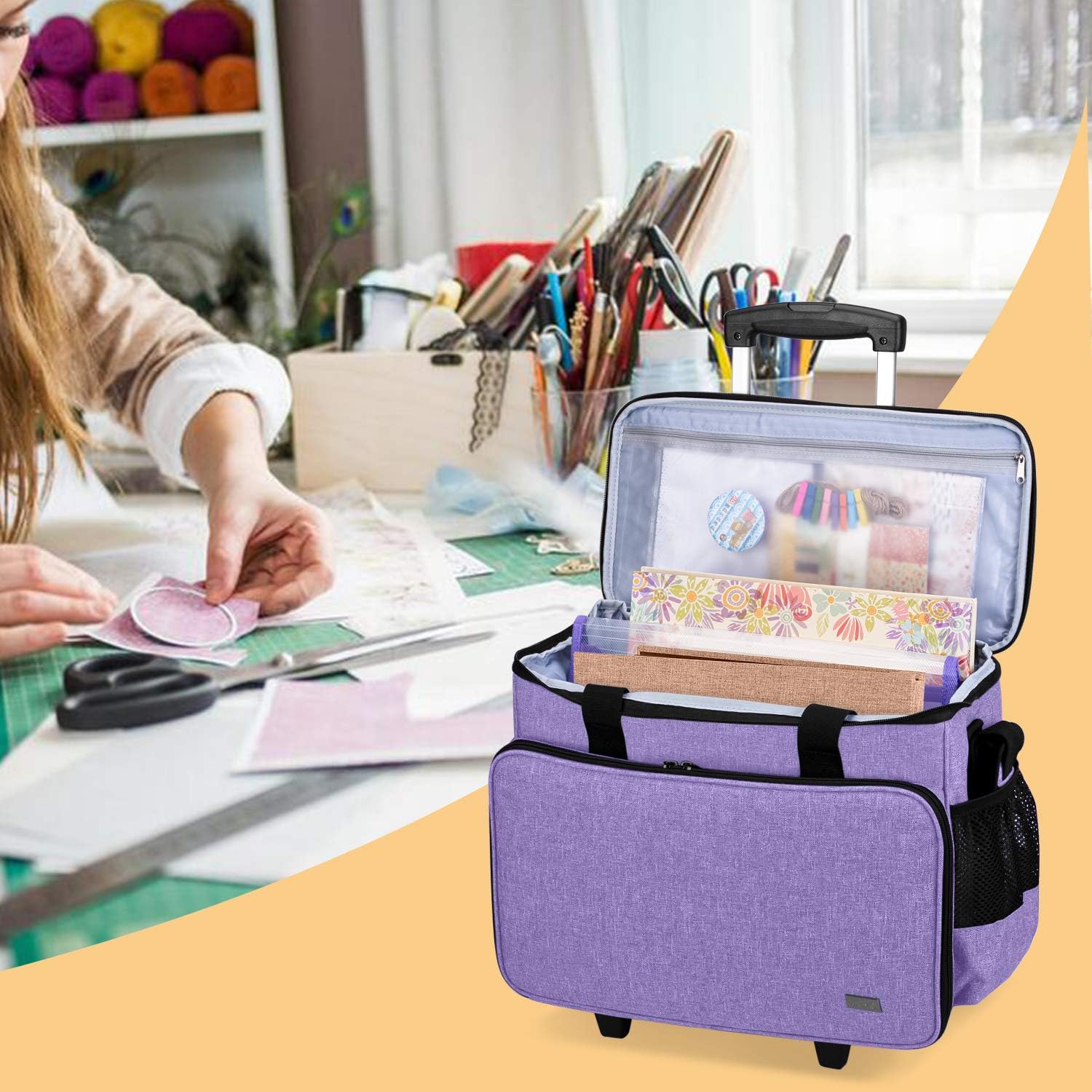 Yarwo Rolling Craft Bag on Wheels 2.0, Women Craft Scrapbook Tote Bag with Detachable Trolley and Extra Bottom Board for Teaching Crafts Supplies and Tools, Rolling Teacher Cart for Women, Purple