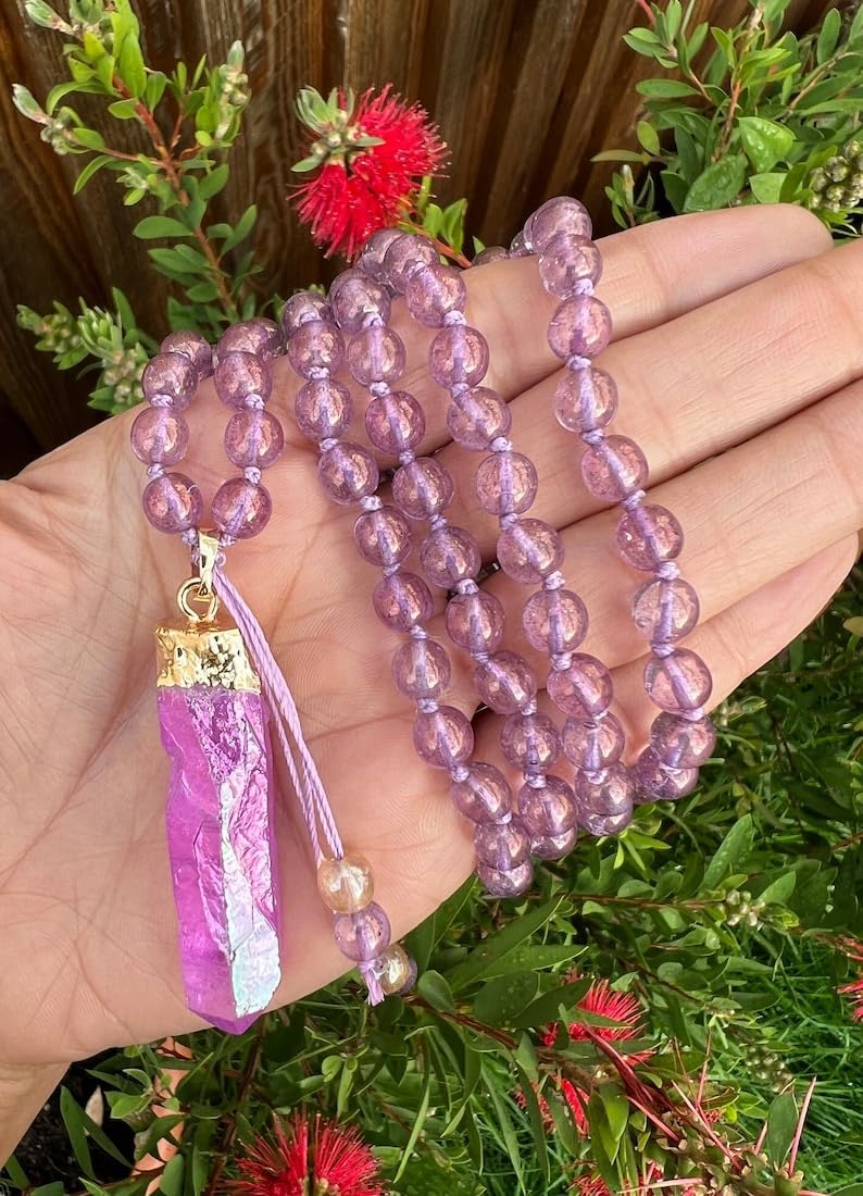 Natural Electroplated Quartz 6mm-8x2mm 108 Mala Beads, Spiritual, Meditation Beads, Reiki, Japa Mala, Buddhist Prayer Beads, Yoga Bracelet, healing beads LKMALA-RRGU-497