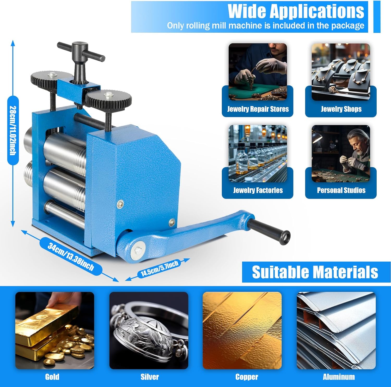 Jewelry Rolling Mill Machine, 3 inch Manual Combination Press Tabletting Tool, Gear Ratio 3:1 Jewelry DIY Presser Rolling Mills, Metal Ornament Making Tool for Gold, Silver, Copper, Aluminum