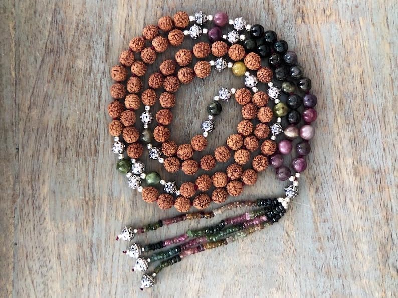 Natural Rudraksha and Tourmaline 8mm 108 Mala Beads, Spiritual, Meditation Beads, Reiki, Japa Mala, Buddhist Prayer Beads, Yoga Bracelet, healing beads LKMALA-RRGU-3558