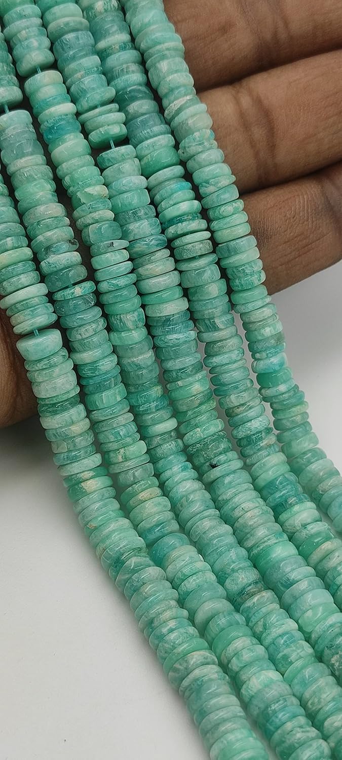 Hanumat Gems Lot of 10 Strands Natural Amazonite Smooth Heishi Gemstone Beads Strand,Amazonite Smooth Beads,Amazonite Tyre Beads,Amazonite Heishi Tyre Beads,7.00-8.00 MM Beads,16 Inches Strand.